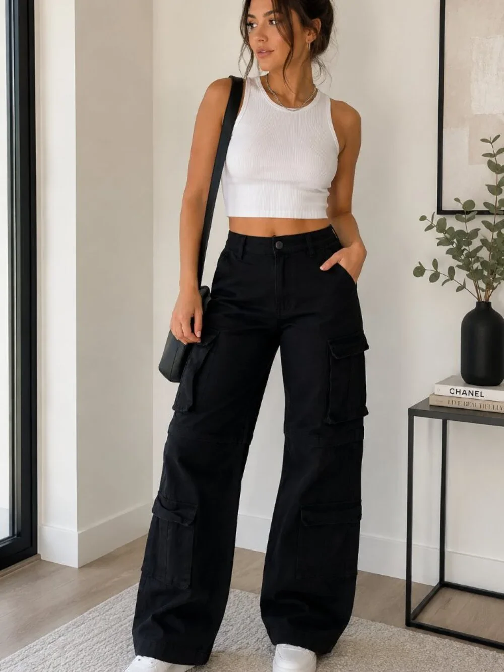Fashion Nova Black High Rise Cargo Pants Utility Wide Leg Size S